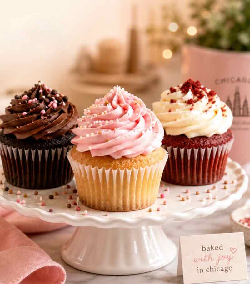 Three frosted Absolutely Cupcakes — chocolate, strawberry, and red velvet — on a cake stand